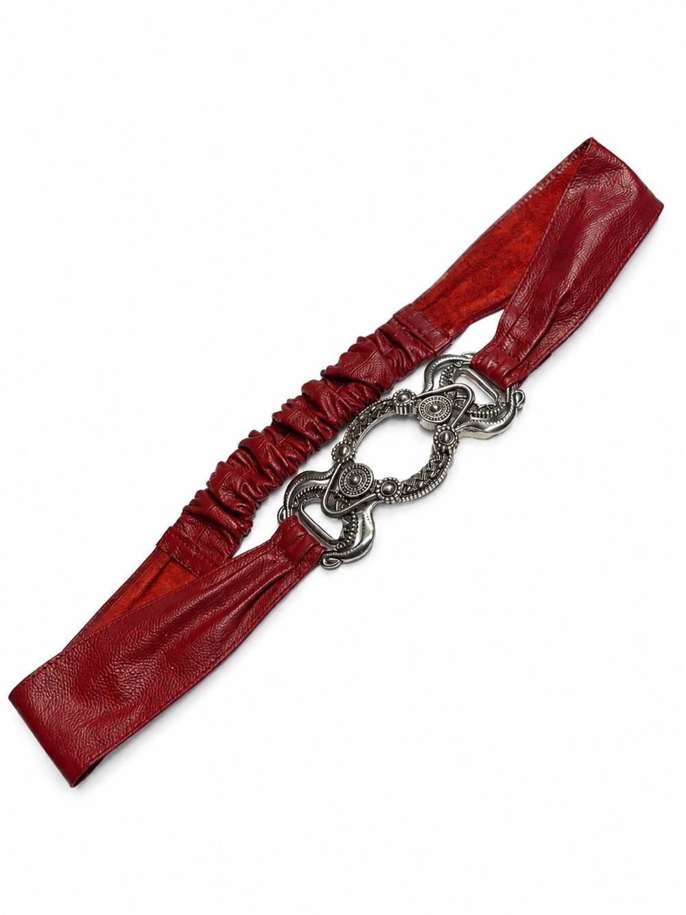 Chico's red leather stretch belt large, ornate silver statement buckle